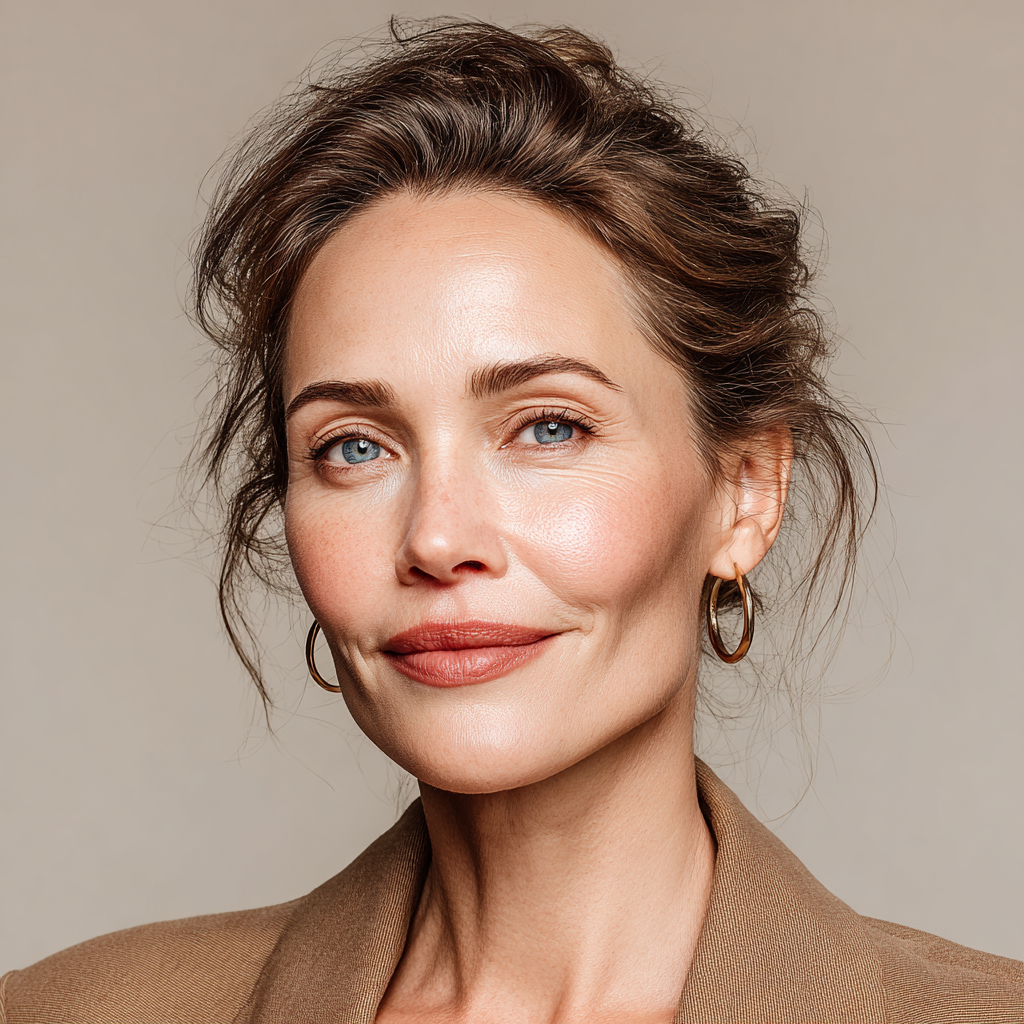 Elegant woman in her 40s with natural makeup and professional styling, looking content and healthy