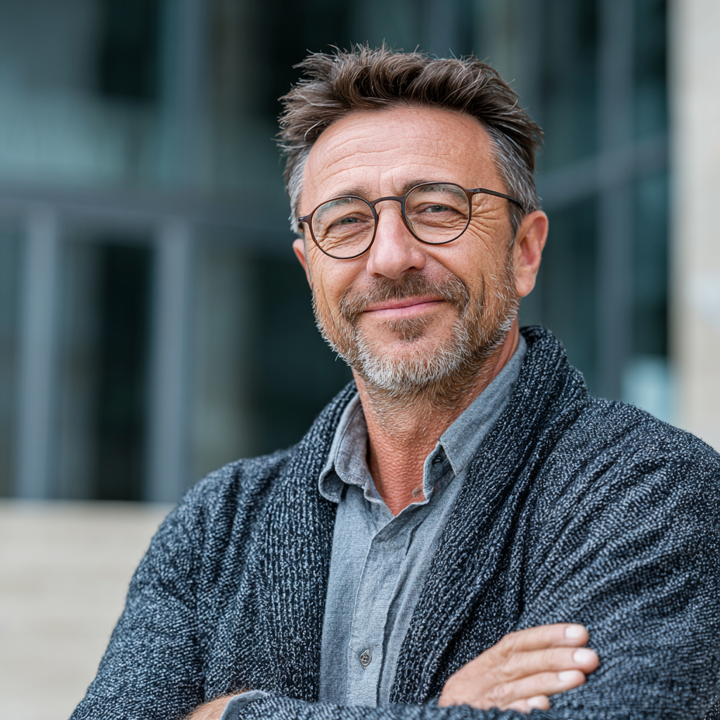 Professional man in his 50s wearing business casual attire, smiling confidently at camera